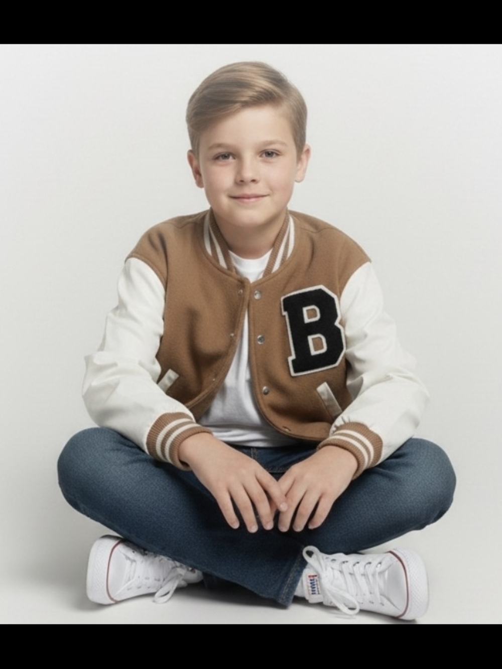 Love Tree Tan and Cream Letterman Jacket with Black 'B' Patch